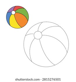 Cute beach ball trace and color worksheet for kids. Preschool educational worksheet with dashed tracing lines, colored reference illustration, and a colorful beach ball for tracing and coloring practice.