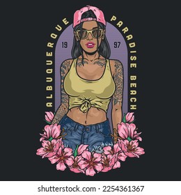 linda playa chica coloridas flores de afiche y la campanilla tatuada te invita en un exótico viaje de verano a la ciudad de Albuquerque ilustración vectorial