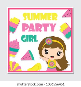 Cute beach girl and summer elements frame vector cartoon illustration for birthday card design, postcard, and wallpaper
