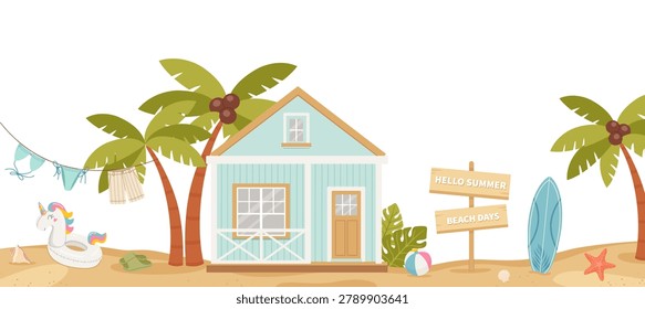 Cute beach house with palm tree, surfboard and summer beach accessories. Tropical seaside cottage on sandy shore for travel, vacation, summer, tourism, resort and coastal design project. Flat vector illustration.