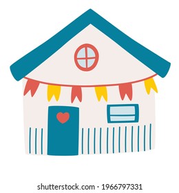 Cute beach hut. Fisherman house. Shack facade. Concept of summer vacation in surfhouse. Beach cabin with flag. Vector illustration in a flat style.