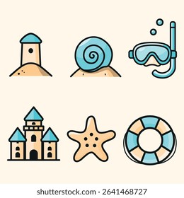 Cute beach icon set with sandcastle, starfish, lifebuoy, shell, lighthouse, and snorkel mask. Perfect for summer designs, kids themes, travel, and seaside graphics.