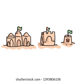 Cute beach sand castles with flag cartoon vector illustration motif set. Hand drawn isolated beach summer day elements clipart for vacation blog, seaside shell graphic, holiday web buttons.