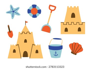 Cute beach sandcastle set with summer toys and sea elements