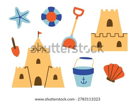 Cute beach sandcastle set with summer toys and sea elements