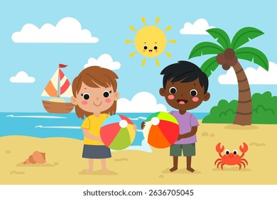 Cute beach scene with kids holding beach balls , summer vacation vector illustration”