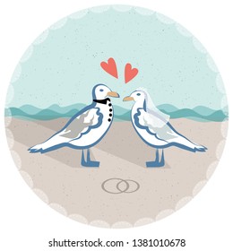 Cute beach seagulls getting married with waves and sky in background. Hearts and wedding bands suggest a seaside ceremony. Great for beach wedding invitations, save the date cards,  greeting cards.