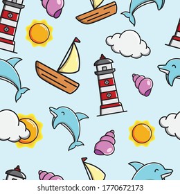 Cute Beach Seamless Pattern With Blue Background