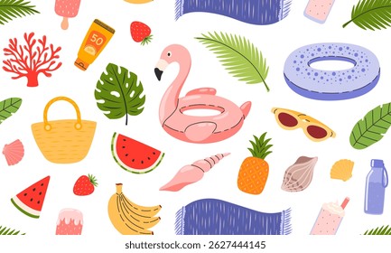 Cute beach seamless pattern. Summer picnic background. Tropical vacation. Travel, beach, summertime accessory. Hand drawn vector illustration 