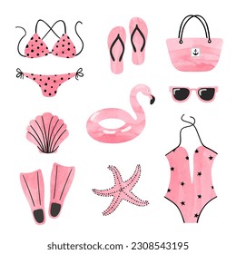 Cute beach set with summer items. Vector watercolor travel illustration of flamingo rubber ring, sunglasses, swimsuit. bag and flip-flops