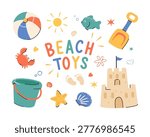 Cute beach toys set in modern Scandinavian style, playful summer clipart collection with sand castle, bucket, shovel, beach ball, crab, fish and seashells, colorful flat vector illustration for kids, vacation, seaside decor, posters, invitations, stickers, nursery, branding and seasonal design
