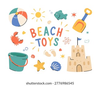 Cute beach toys set in modern Scandinavian style, playful summer clipart collection with sand castle, bucket, shovel, beach ball, crab, fish and seashells, colorful flat vector illustration for kids, vacation, seaside decor, posters, invitations, stickers, nursery, branding and seasonal design
