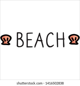 Cute beach typography cartoon vector illustration motif set. Hand drawn isolated seaside holiday elements. Clipart for shellfish blog, typeface graphic, vacation web buttons. 