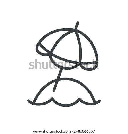 Cute beach umbrella icon. Hand drawn monochrome illustration of a a striped summer parasol isolated on a white background. Kawaii sticker. Vector 10 EPS.