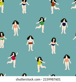  Cute beach woman's characters wearing swimsiuts on blue background. Summer time, beach, vacation concept.Colorful  hand drawn Vector seamless Pattern. 