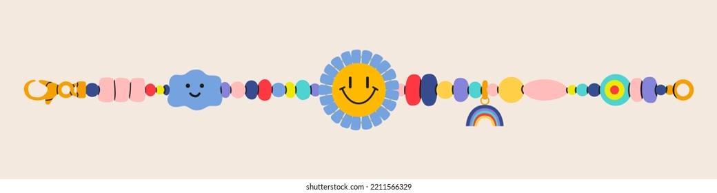 Rute Perlen sind Armbänder. Retro bunter Funky Armband mit Smiley Cloud und Kamille und Regenbogen. Cartoon 00s Stil. Handgemachte, düstere Idee. Handgezeichnete Vektorgrafik