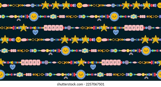 Cute beads bracelet seamless pattern. Retro colorful funky bracelet with smiley heart, star and happy text. Cartoon 00s style. Hand made, diy concept. Hand drawn Vector illustration.