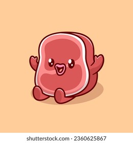 Cute Beaf Steak Sitting Cartoon Vector Icon Illustration. Food Nature Icon Concept Isolated Premium Vector. Flat Cartoon Style