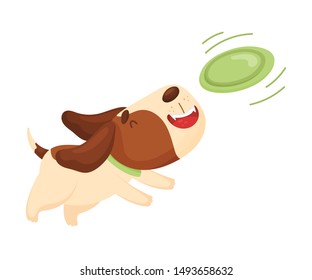 Cute beagle catches a plate. Vector illustration on a white background.