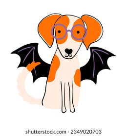 Perro beagle lindo disfrazado de murciélago aislado de fondo transparente. Personaje de dogma con disfraz de Halloween para fiestas de mascotas. Ilustración vectorial para impresiones, tarjetas, decoraciones.
