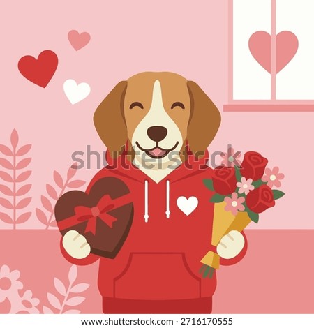 Cute Beagle Dog Character in Red Hoodie Holding Heart Chocolate and Roses for Valentine Flat Design