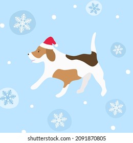 Cute beagle dog character wears Santa hat, cute beagle puppy Christmas postcard design, Christmas animal card design, beagle puppy wears Christmas hat postcard, beagle dog and snow falling.