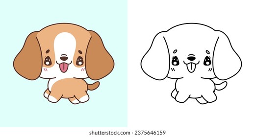 Cute Beagle Dog Clipart Illustration and Black and White. Kawaii Clip Art Doggy. Cute Vector Illustration of a Kawaii Pet for Stickers, Prints for Clothes, Baby Shower. 