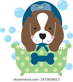 Cute Beagle dog happy in bath tub