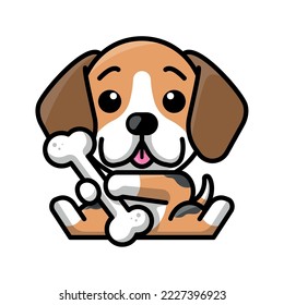 A CUTE BEAGLE DOG IS HOLDING A BIG BONE CARTOON ILLUSTRATION