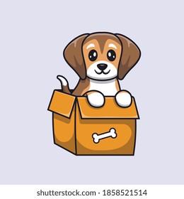 Cute Beagle Dog Playing In Box Cartoon Vector Icon Illustration. Animal Nature Icon Concept Isolated Premium Vector. Flat Cartoon Style