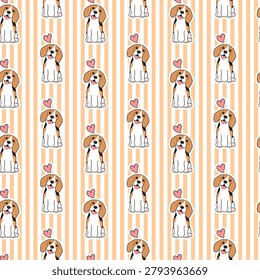 Cute Beagle Dog Seamless Stripe Pattern with Hearts on Pastel Background