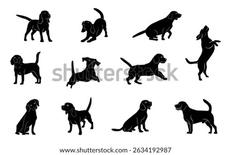 Cute Beagle Dog Silhouette Set. Collection of dogs in different poses and actions. Cute Beagle Dog. Hand drawn Beagle Dog. Vector illustration.