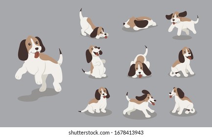 Cute beagle dog in various poses set, funny animal cartoon character vector Illustration on a grey background. Isolated funny animals.