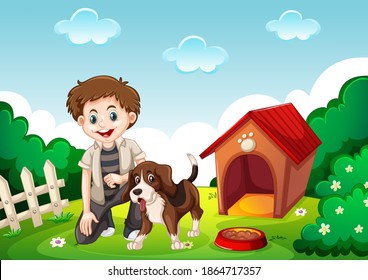 A cute beagle with its owner on the garden scene illustration