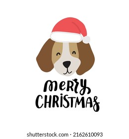 Cute beagle puppy dog face in Chrismas hat. Cute cartoon illustration with dog lovers quote. Merry Christmas phrase. Holidays design elment for greeting cards, stickers, t shirt