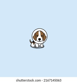 Cute beagle puppy with elizabethan collar cartoon, vector illustration