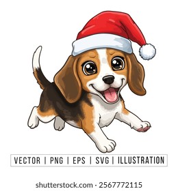 Cute Beagle Puppy in Santa Hat - Christmas Cartoon Vector Illustration