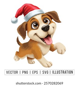 Cute Beagle Puppy in Santa Hat - Christmas Cartoon Vector Illustration