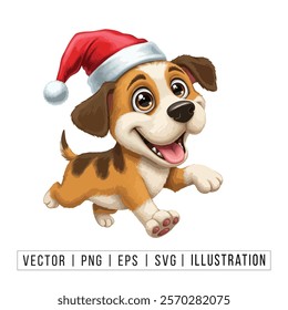 Cute Beagle Puppy in Santa Hat - Christmas Cartoon Vector Illustration