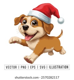 Cute Beagle Puppy in Santa Hat - Christmas Cartoon Vector Illustration