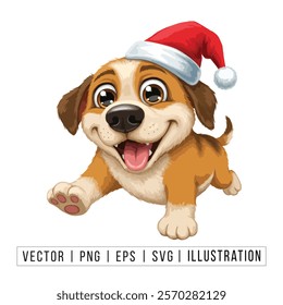 Cute Beagle Puppy in Santa Hat - Christmas Cartoon Vector Illustration