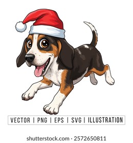 Cute Beagle Puppy in Santa Hat - Christmas Cartoon Vector Illustration