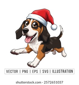 Cute Beagle Puppy in Santa Hat - Christmas Cartoon Vector Illustration