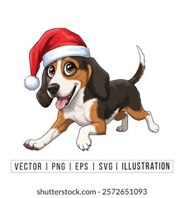 Cute Beagle Puppy in Santa Hat - Christmas Cartoon Vector Illustration