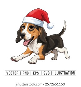 Cute Beagle Puppy in Santa Hat - Christmas Cartoon Vector Illustration