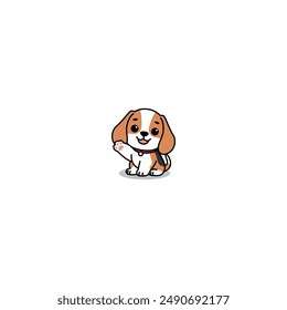 Cute beagle puppy sitting and waving paw cartoon, vector illustration