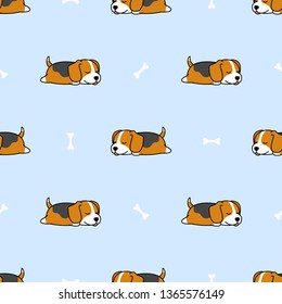 Cute beagle puppy sleeping with bone cartoon seamless pattern, vector illustration