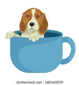 Cute Beagle Sitting In Coffee Mug Vector Illustration Isolated On White Background