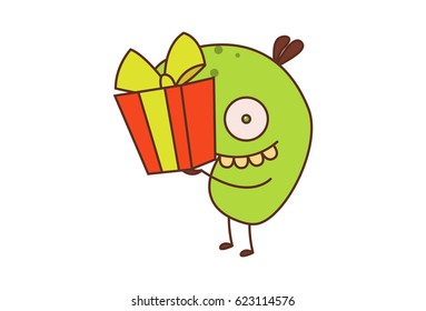 Cute Bean Monster with a gift in hand. Vector Illustration. Isolated on white background.