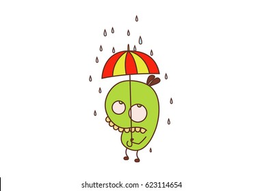 Cute Bean Monster standing in rain with an umbrella. Vector Illustration. Isolated on white background.